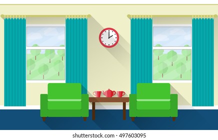 Interior of living room with windows and armchairs. Vector illustration in flat design with long shadows including furniture for lounge.
