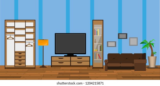 The interior of the living room with wooden flooring furniture and blue wallpaper.
