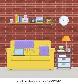 Interior of living room with workspace for freelancer in flat style. Home room with red brick wall. Vector illustration