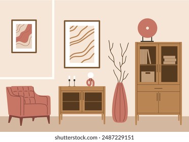 Una moderna y acogedora habitación, una sala de estar con un sillón, un póster, plantas de la casa y una cómoda. Ilustración vectorial en un estilo plano