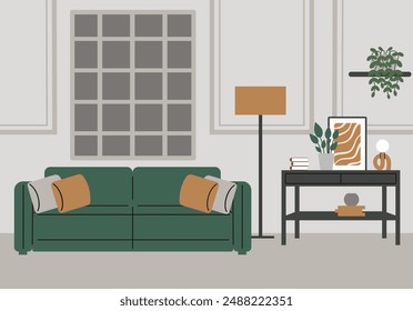 Interior living room.Modern cozy room with an armchair, a sofa by the window, a poster, and house plants. Vector illustration in a flat style