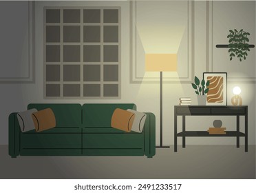 Interior living room.Modern cozy room with an armchair, a sofa by the window, a poster, and house plants. Vector illustration in a flat style