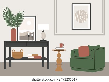 Interior living room.Modern cozy room with an armchair, a poster, and house plants. Vector illustration in a flat style