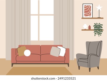 Interior living room.Modern cozy room with an armchair, a sofa by the window, a poster, and house plants. Vector illustration in a flat style