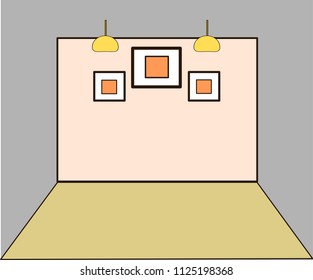 Interior of the living room.Three picture frame on the pink wall with yellow lamp .Illustration vector.