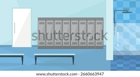 Interior of a locker room with shower and lockers. Men's or women's locker rooms. Empty interior.