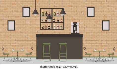 Interior of loft style cafe or bar. Bar counter, tables, different chairs and shelves with alcohol bottles. Coffee-mashine,cup of coffee,hanging lamps and paintings. Vector flat illustration