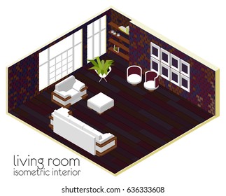 Interior in loft style isometric 3d Living room with sofa and armchairs
