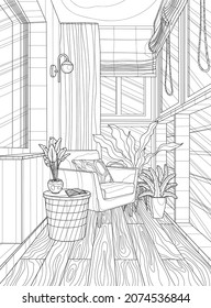 The interior of the loggia. Coloring book for adults. The interior of the room. Black and white illustration.