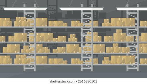 Interior of a logistics warehouse with shelves and boxes. Storage and transportation of goods.