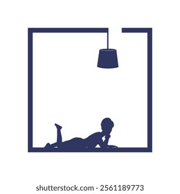 Interior logo. Template for interior design, energy furniture business branding. Home equipment in modern style. Young woman lying on the floor and relaxing