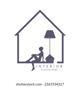 Interior logo. Template of electric torchere for interior design, energy furniture business branding. Home equipment in modern style. Young woman sitting and relaxing near torchere