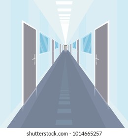 Interior of long and narrow corridor with a lot of doors, in modern office. Front view. Simplistic realistic comic art style. Vector illustration