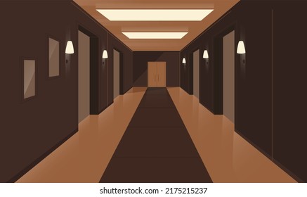 Interior of long narrow hallway with closed doors, wooden floor and brown walls. Vector illustration in cartoon style.