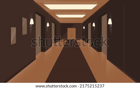 Interior of long narrow hallway with closed doors, wooden floor and brown walls. Vector illustration in cartoon style.