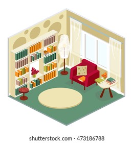 the interior of the lounge area to isometric. home library in 3D view. Flat 3d isometric office for reading books and rest floor interior departments concept vector.  Isometric open plan room.