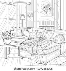 Interior. Lounge with a sofa.Coloring book antistress for children and adults. Illustration isolated on white background.Zen-tangle style. Hand draw
