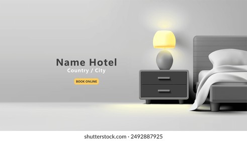 Interior of a luxury bedroom with a table lamp on, 3D. For concepts of advertising and booking hotels, apartments, and hostels. Online booking for leisure, and business trips. Vector