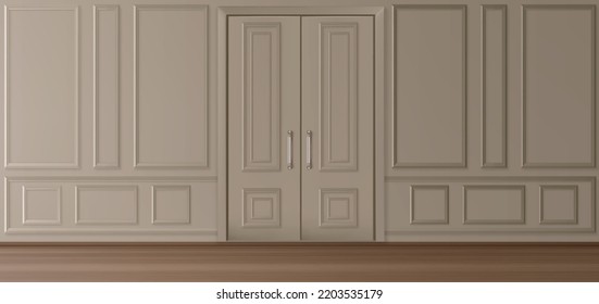 Interior in luxury victorian style, beige wall and closed door with square and rectangular molding stucco panels. Empty room with wooden floor. Home in ancient english style Realistic 3d vector mockup