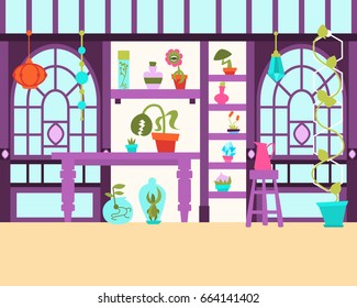 Interior of a magical greenhouse with plants. Vector illustration 
