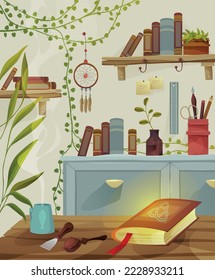 Interior of a magical room with plants. Old book, table.