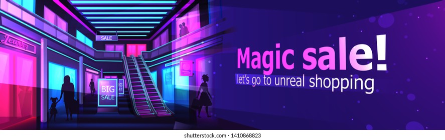 Interior of mall banner. A vector illustration of scene inside shopping store at night. Black friday big sale vector cartoon illustration
