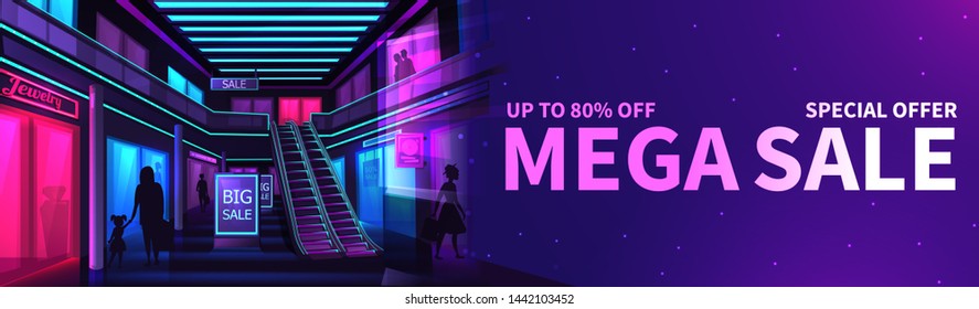 Interior of mall banner. A vector illustration of scene inside shopping store at night. Black friday big sale vector cartoon illustration