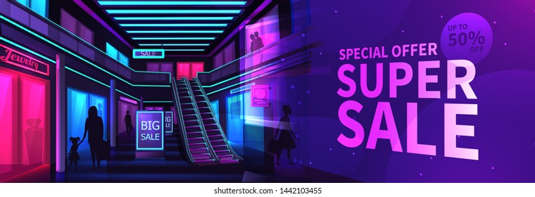 Interior Of Mall Banner. A Vector Illustration Of Scene Inside Shopping Store At Night. Black Friday Big Sale Vector Cartoon Illustration