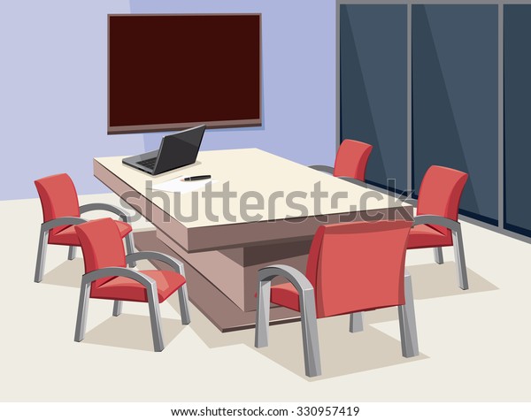 会議室の内部 社員研修 ノートパソコンと黒板を持つ空のオフィス ベクターカートーンの簡単なイラスト のベクター画像素材 ロイヤリティフリー
