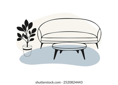 Estilo interior minimalista: acogedor sofá y mesa de centro y maceta en maceta, contra un fondo armonioso y suave, contorno de dibujo estilizado.
