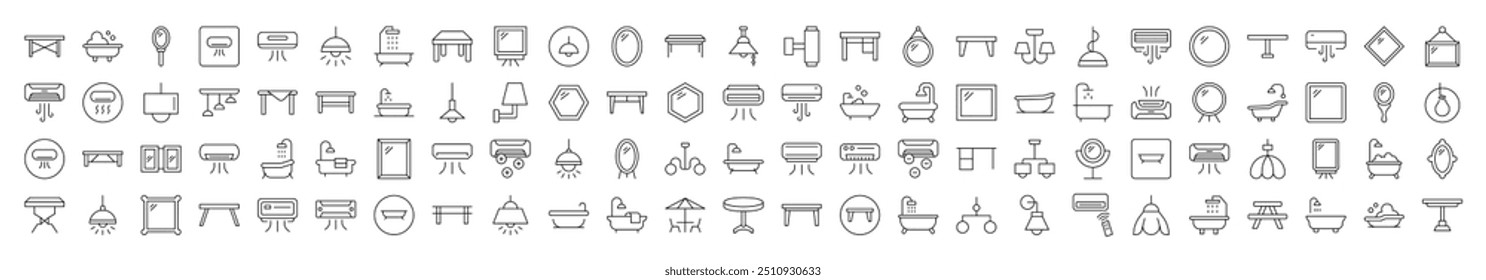 Interior Minimalistic Linear Illustrations of Conditioner, Mirror, Table, Lamp, Chandelier, Bathroom. Contains Icons of Conditioner, Mirror, Table, Lamp, Chandelier, Bathroom that Can Be Used for Desi