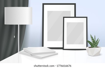 Interior con afiches y libros falsos en la mesa