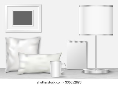 Interior mock up for presentation patterns and prints. Vector illustration with realistic white home objects with shadows