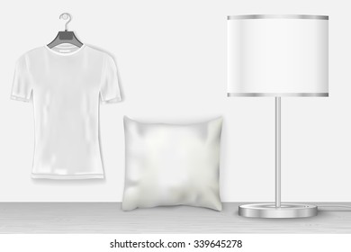 Interior mock up with t-shirt for presentation patterns and prints. Vector illustration of realistic white home objects with shadows