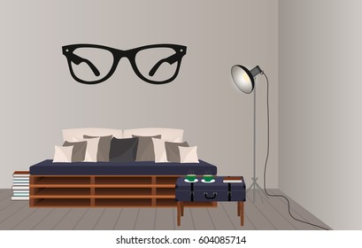 Interior mockup in hipster style floor lamp. Loft design concept. Flat vector illustration..