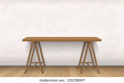 Interior mockup of work place or home office. Wooden work computer desk on wall background.  Scandinavian minimalistic style. Computer desk. Crafting table. Realistic vector.