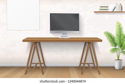 Interior mockup of work place or home office. Wooden work computer desk on wall background.  Scandinavian minimalistic style. Computer desk. Crafting table. Realistic vector.