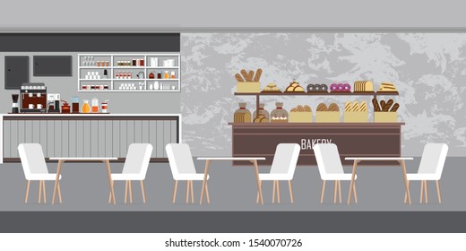 Interior of modern bakery shop, cafe shop with display counter , vector illustration.