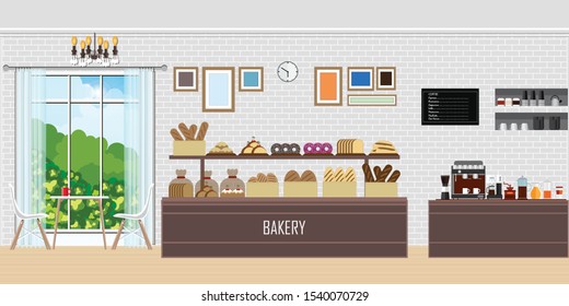 Interior of modern bakery shop with display counter , vector illustration.