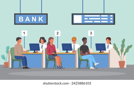 Interior of modern banking office with customers and employees. The concept of providing banking services. Credit managers and consultants sit at computers and serve clients. Flat vector illustration