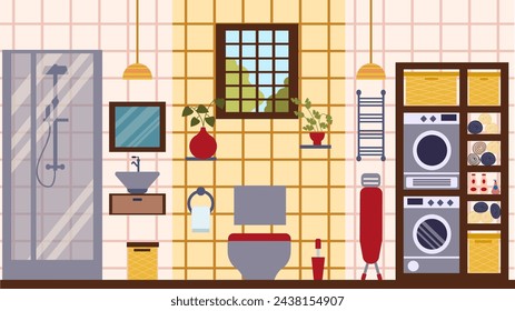 The interior of a modern bathroom, toilet and laundry room, made in Japanese style. The illustration is in a flat style.