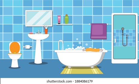 Interior of the modern bathroom with toilet, tub and shower cabin. Vector Illustration.