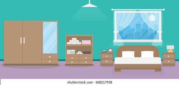 Interior Modern Bed Room Design With Accessory.vector And Illustration