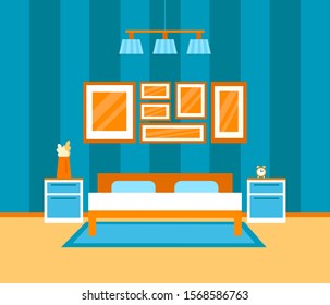 the interior of a modern bedroom with furniture and decor. vector flat illustration. bed, bedside tables, carpet, lamp