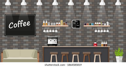 Interior of a modern coffee shop. Empty cafe without people, restaurant. Flat style. Background image. Vector illustration
