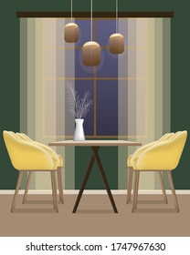 El interior de un comedor moderno y confortable con ventana. Ilustración vectorial de una mesa y sillas amarillas