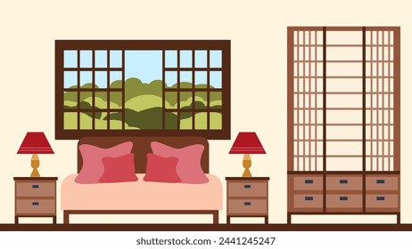 The interior of a modern cozy bedroom with a window above the bed and two bedside tables, made in Japanese style. The illustration is made in a flat style.