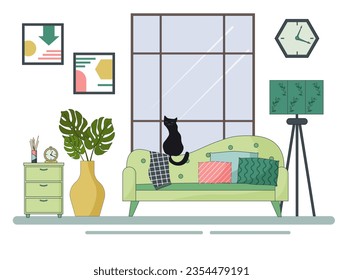 Interior of a modern cozy living room with a window. A sofa with a sitting cat, pillows, a floor lamp and a nightstand. Flowers in a vase and paintings. For brochures, leaflets, flyers and other