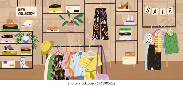 Interior of modern fashionable boutique vector flat illustration. Colorful clothes, shoes and accessories assortment on shelves and hangers. Shopping mall or store area with different goods