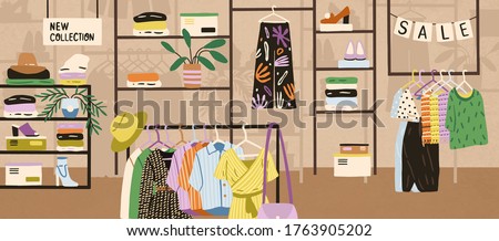 Interior of modern fashionable boutique vector flat illustration. Colorful clothes, shoes and accessories assortment on shelves and hangers. Shopping mall or store area with different goods